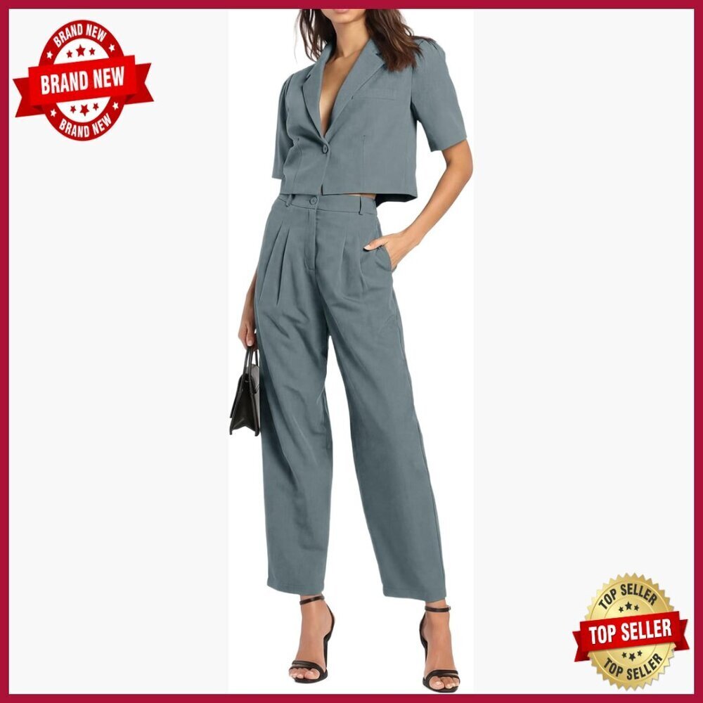 Women's Cropped Blazer Wide Leg Pants Suit Set Business Casual Office Wear